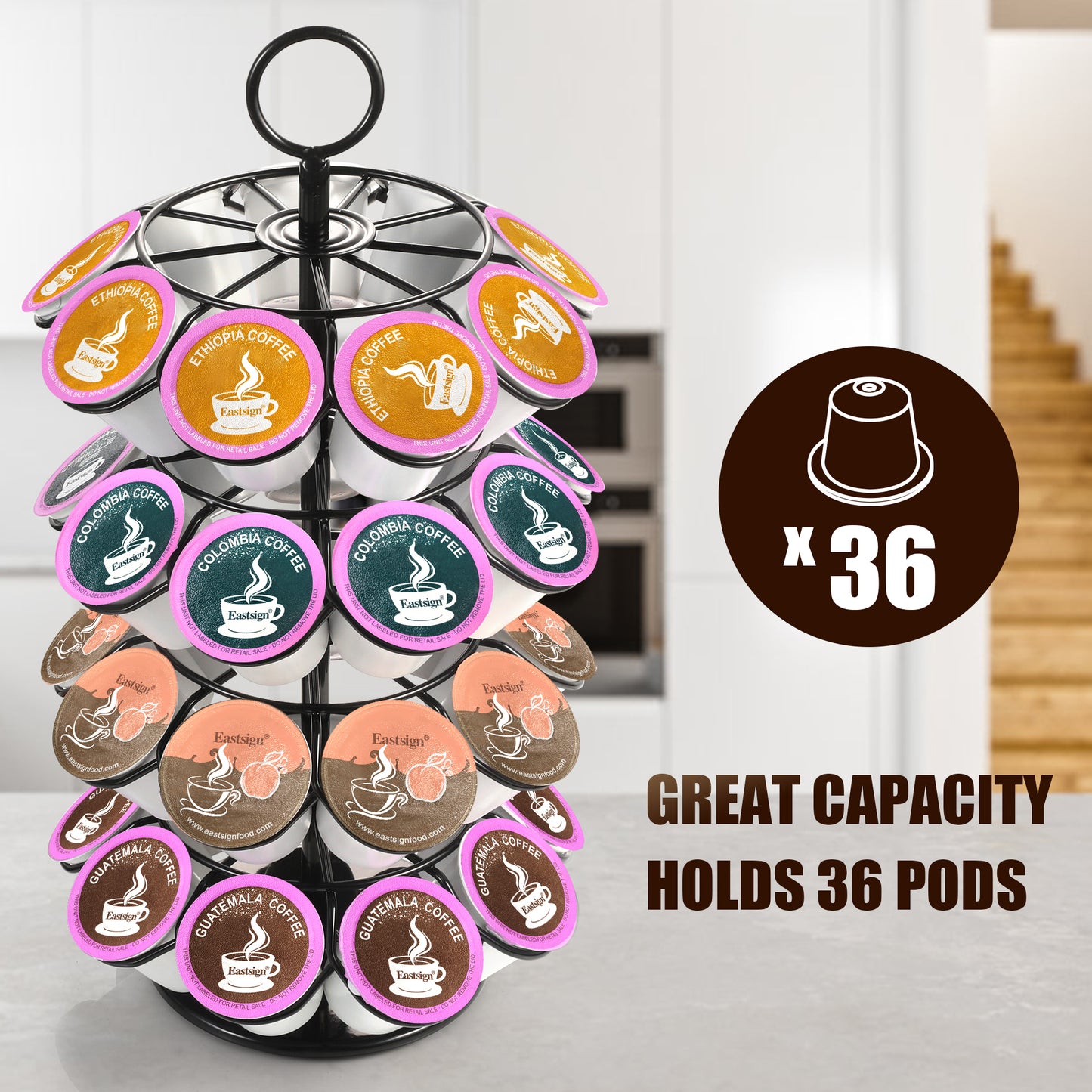 4-Tier K-Cup Holder Compatible with 36 K-Cups, Coffee Pod Carousel, Coffee Pod Storage Stand Detachable Organizer for Countertop, Spins 360-Degrees
