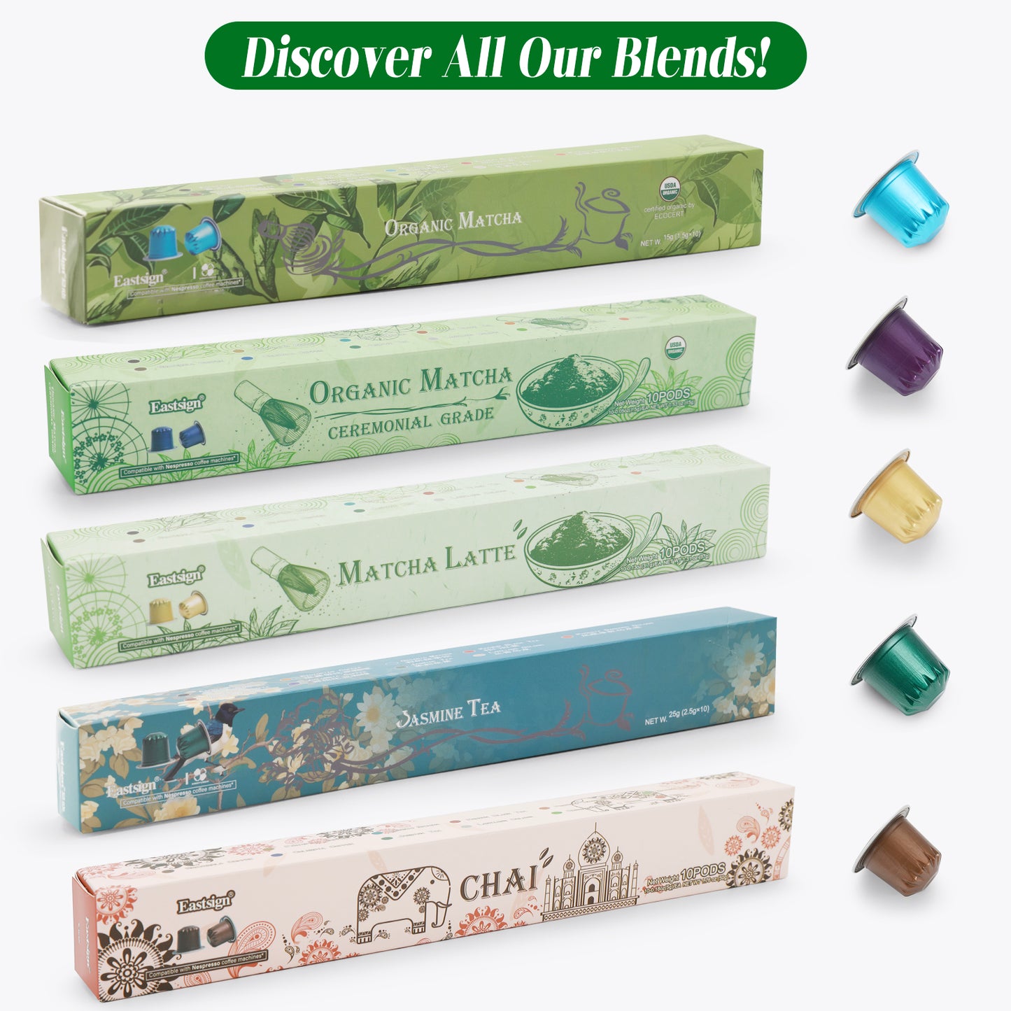 Organic Matcha Green Tea Capsule Unsweetened, Nespresso Original Compatible Pods,Recyclable Line Aluminium Capsules,10 Count (Pack of 1)