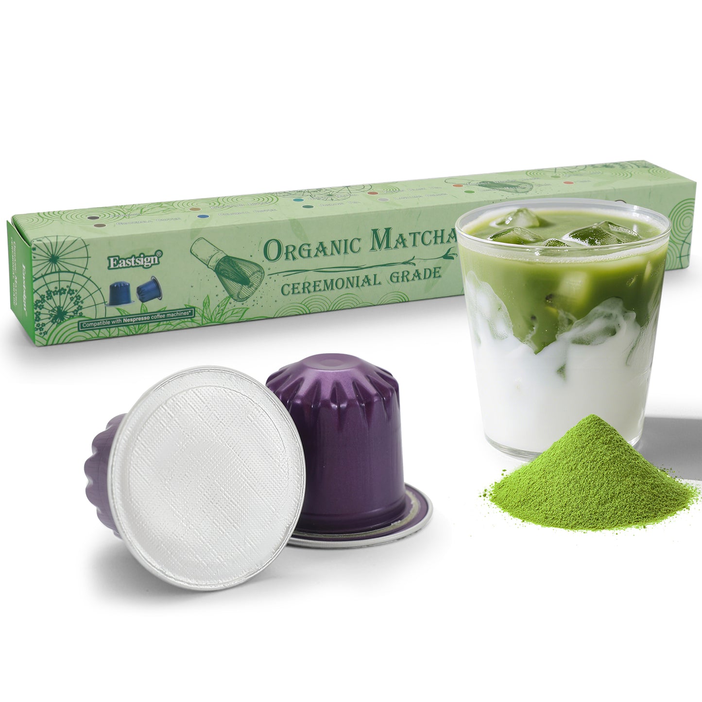 Organic Matcha Green Tea Capsule Unsweetened, Nespresso Original Compatible Pods,Recyclable Line Aluminium Capsules,10 Count (Pack of 1)