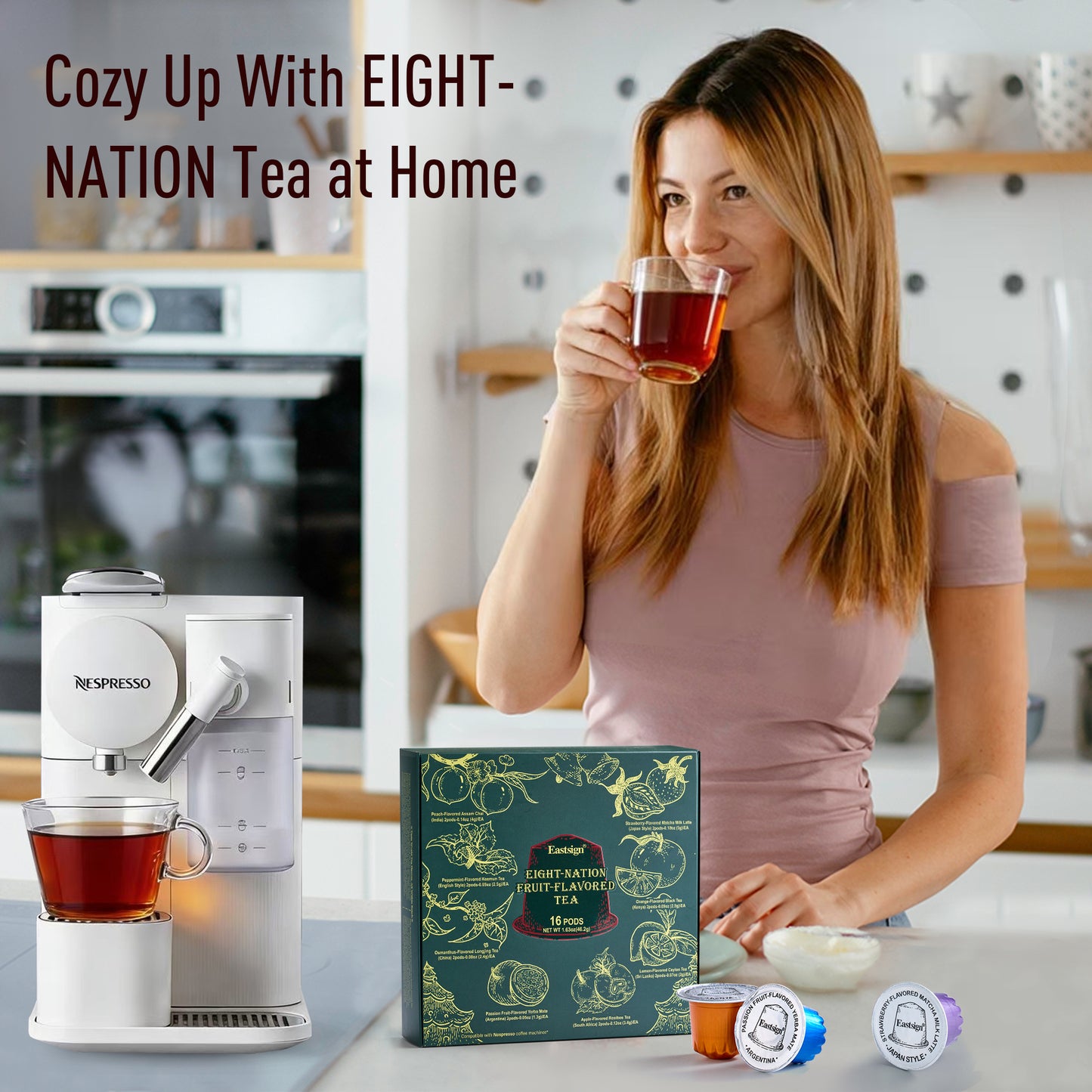 Eastsign Assorted Tea Variety Pack,Tea Pods with 8 Unique Flavors Nespresso Original Pods of Black Tea,Chai,Matcha,Green Tea,Yerba Mate and Rooibos,Compatible Nespresso Tea Pods,32 Count