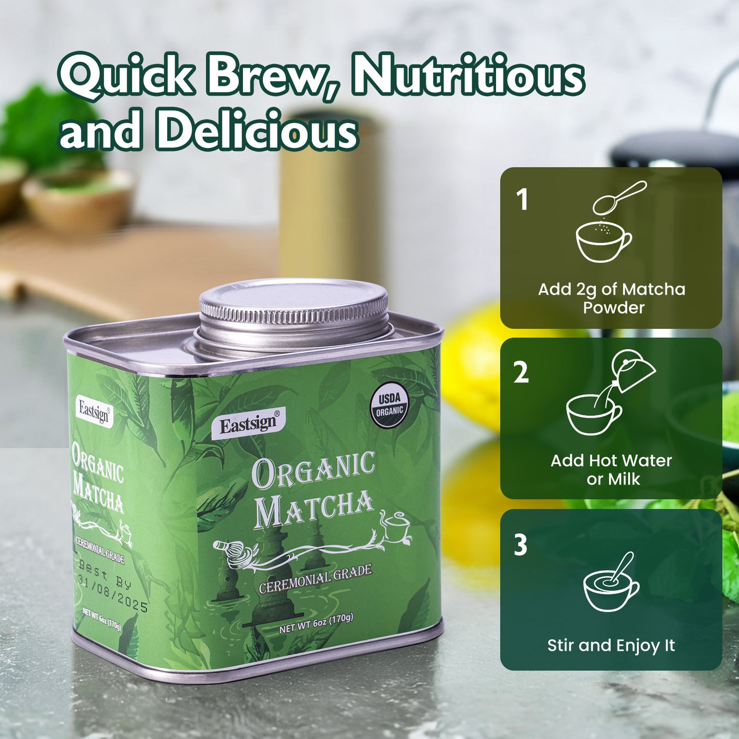 Eastsign Matcha Ceremonial Grade USDA Organic,Green Tea Powder 6oz, Premium USDA Organic Gluten Free Vegan and No Sugar,Suitable for Hot or Cold Drinks,Baking and Other Purposes(6oz)