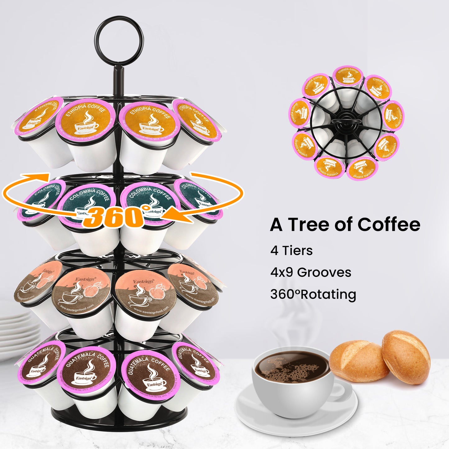 4-Tier K-Cup Holder Compatible with 36 K-Cups, Coffee Pod Carousel, Coffee Pod Storage Stand Detachable Organizer for Countertop, Spins 360-Degrees